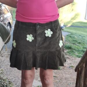 Hollister Upcycled Olive Corduroy Mini Skirt with Floral Accents Added